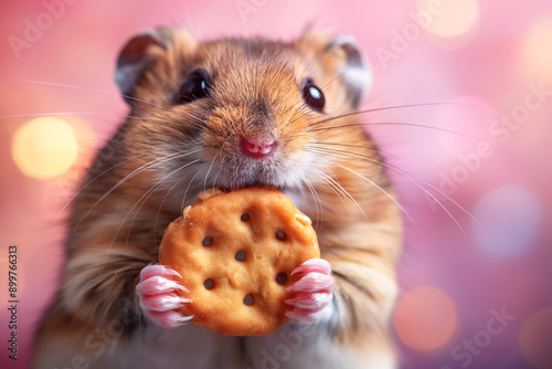 Adorable hamster eating a cracker, cute furry animal with pink background and bokeh effect