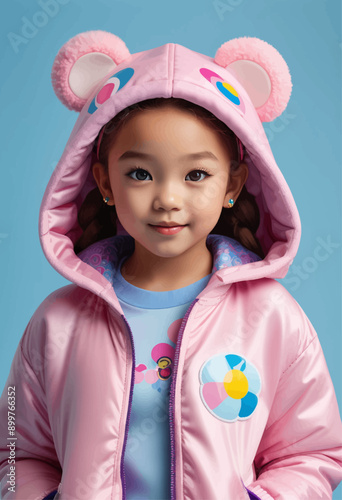 Smiling Child in Pink Jacket with Pink Ears and Pink Flowers