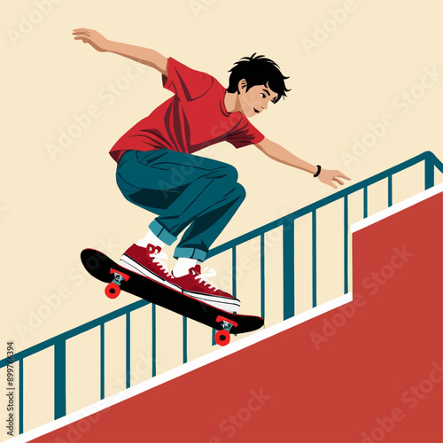 Skateboarding Teenager Performing Tricks on Railing