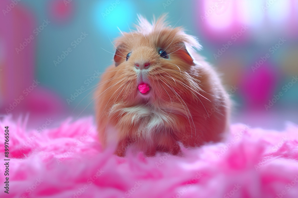 Cute fluffy guinea pig with pink background and soft plush fur, adorable pet animal image