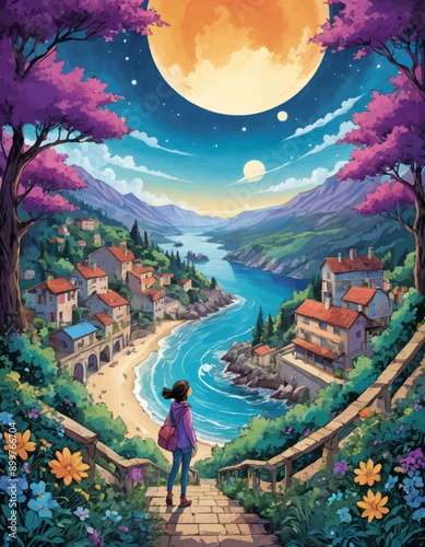 Serene Nighttime View of a Coastal Town with a Full Moon and Stars