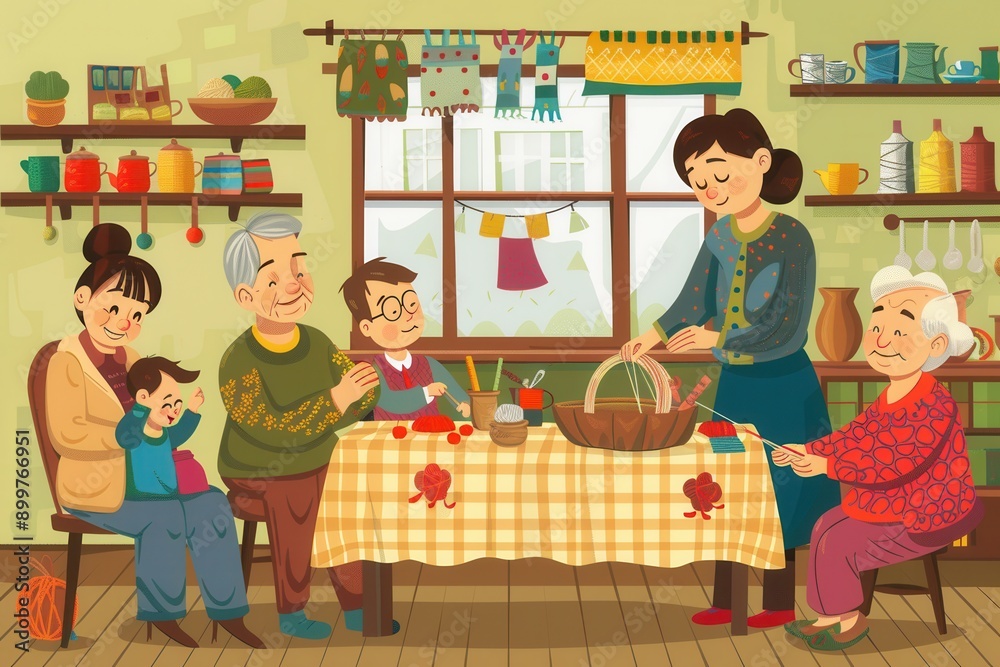 Elderly individuals and children participate in a warm, engaging crafting session, creating various items together in a lively classroom atmosphere. Generative AI Elderly individuals and children participate in a warm, engaging crafting session, creating various items together in a lively classroom atmosphere. Generative AI