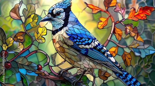 A stained glass depiction of a colorful blue jay with bright blue and white feathers, photo