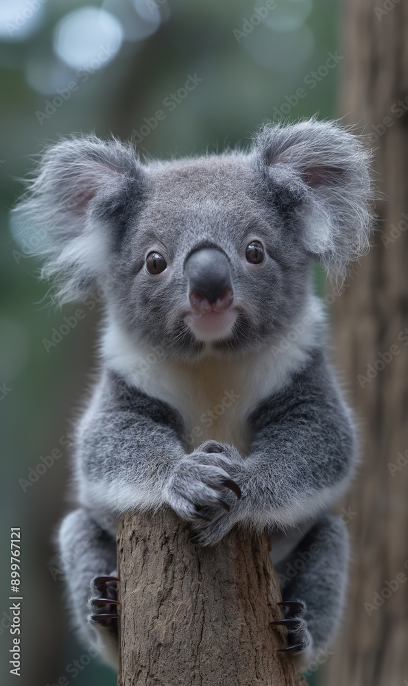Naklejka premium Cute furry koala marsupial posing on a tree in the forest surrounded by nature and eucalyptus