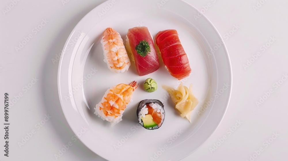 Assorted Japanese sushi presentation on white plate Top view with tuna salmon shrimp crab avocado Rainbow uramaki Assorted Japanese sushi presentation on white plate Top view with tuna salmon shrimp crab avocado Rainbow uramaki
