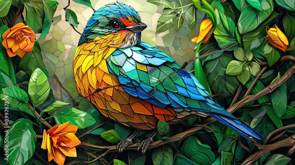 Fototapeta premium Stained glass depiction of a colorful roller with bright blue and green feathers.