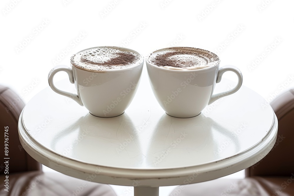 Two cups of cappuccino on a small round table representing companionship and relaxation Two cups of cappuccino on a small round table representing companionship and relaxation