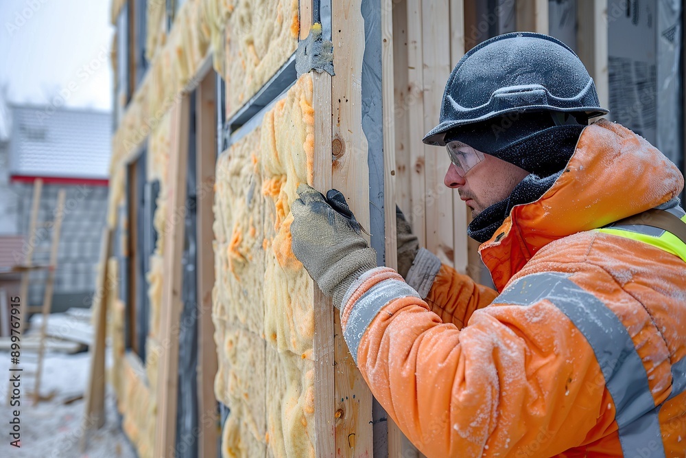 Construction worker installing insulation on a snowy day Construction worker installing insulation on a snowy day
