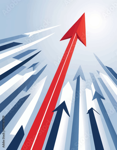 Red Arrow Pointing Upwards Among Blue and White Shadowed Arrows