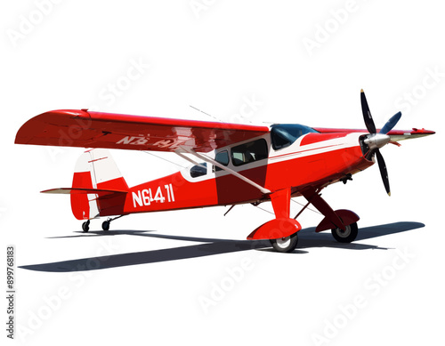 Red and white propeller airplane on runway