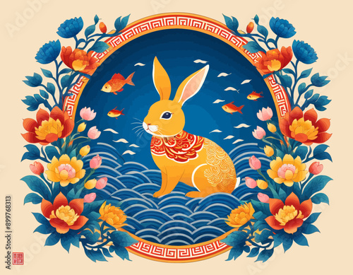 Rabbit in a Blue Ocean with Fish and Flowers