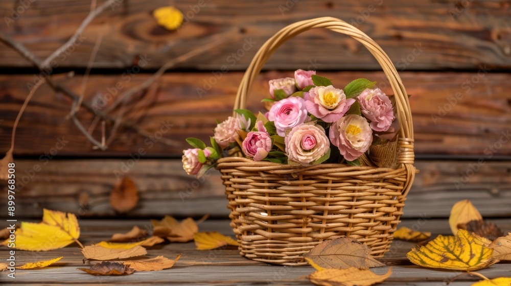 A woven basket filled with vibrant pink and white peonies rests on a colorful blanket of fallen autumn leaves in a picturesque forest A woven basket filled with vibrant pink and white peonies rests on a colorful blanket of fallen autumn leaves in a picturesque forest