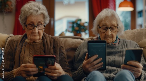 Two elderly women read on electronic devices while quietly enjoying each other's company in a cozy indoor setting. Generative AI