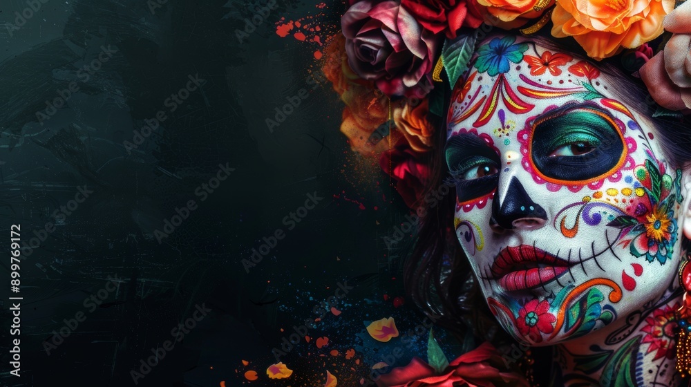 Mexican woman with Day of the Dead makeup, flowers, skull on gray or black background, Mexican holiday Mexican woman with Day of the Dead makeup, flowers, skull on gray or black background, Mexican holiday