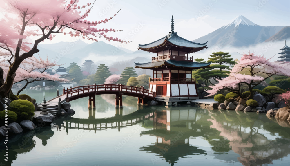 Peaceful Zen Garden with Traditional Japanese Pavilion and Cherry Blossom Trees Peaceful Zen Garden with Traditional Japanese Pavilion and Cherry Blossom Trees