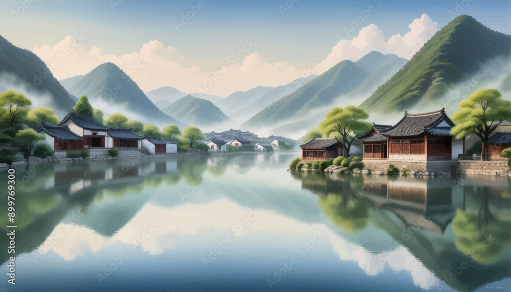 Naklejka premium Peaceful Village Scenery with Traditional Houses and Reflections on Calm Lake