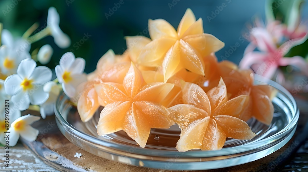 Sliced Starfruit Arranged in a Striking Star Pattern on a Clear Glass Plate Sliced Starfruit Arranged in a Striking Star Pattern on a Clear Glass Plate