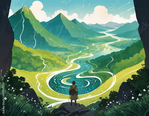 Peaceful Wanderer in a Serene Landscape