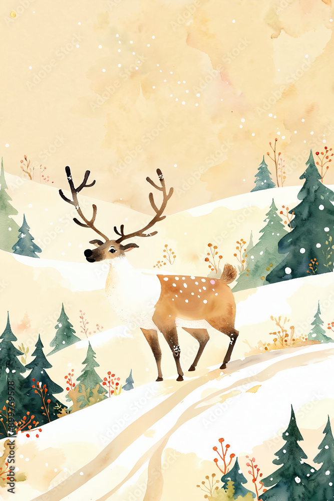 Brown deer stands in a snowy forest, peach and green colors, space for text, watercolour cozy illustration for xmas and happy new year card, poster, winter season background, print Brown deer stands in a snowy forest, peach and green colors, space for text, watercolour cozy illustration for xmas and happy new year card, poster, winter season background, print