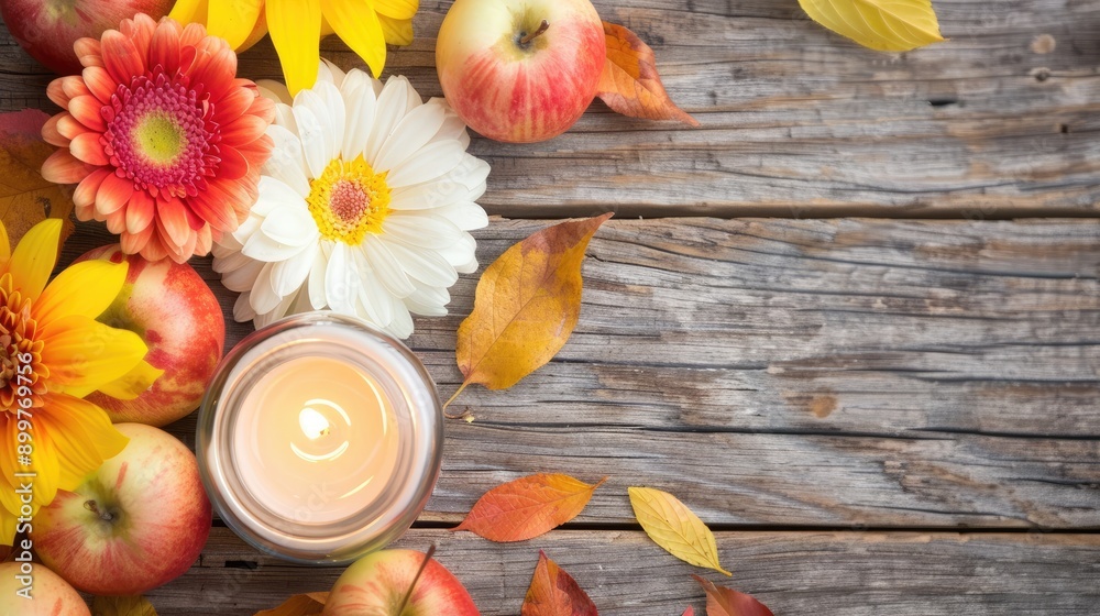 A warm arrangement of pumpkins, apples, and fall leaves surrounds a lit candle on a wooden table, capturing the essence of autumn harvest decor A warm arrangement of pumpkins, apples, and fall leaves surrounds a lit candle on a wooden table, capturing the essence of autumn harvest decor