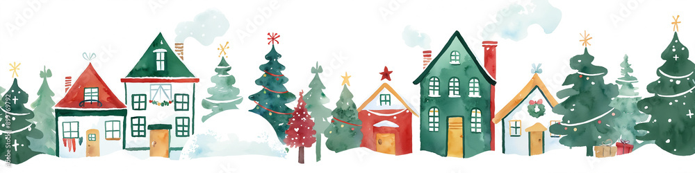 Fototapeta premium Cozy winter villiage scene with houses green, blue and red colors, snow covered roofs, watercolor illustration for children book, greeting card, poster, xmas happy new year background, festive banner