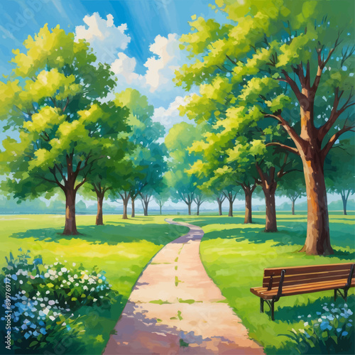 Peaceful Path in a Park with Trees and Flowers