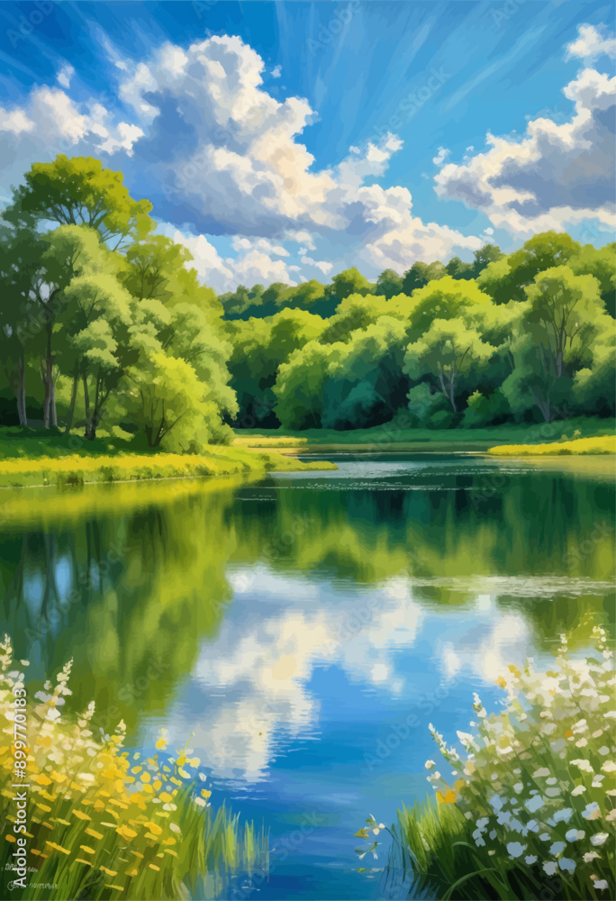 Obraz premium Peaceful Lake Scene with Reflections and Wildflowers