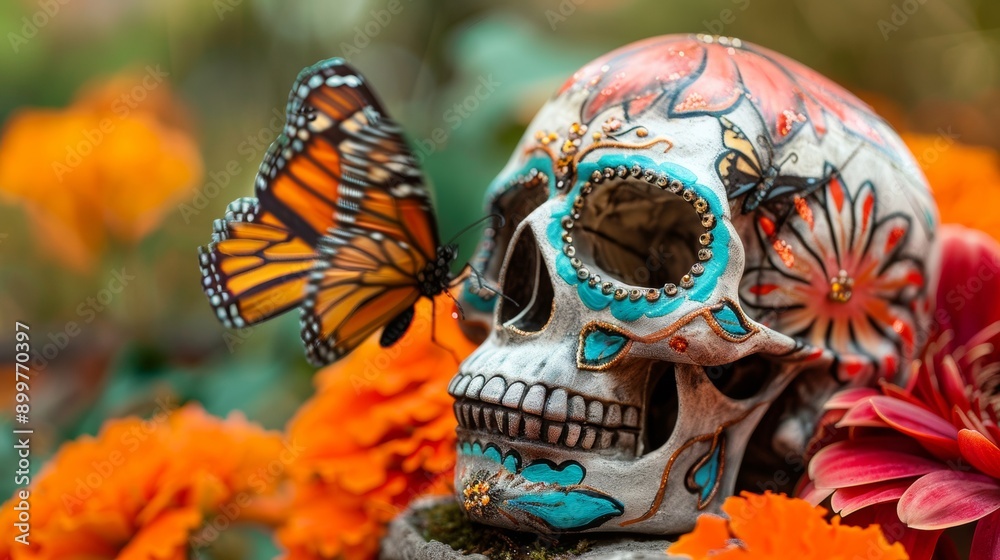 Naklejka premium skull with a butterfly decorated for the day of the dead Mexico
