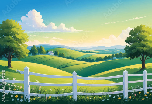 Peaceful Countryside Scenery with White Fence and Flowers