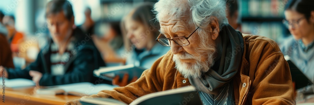 A group of elderly learners studies foreign languages using textbooks and dictionaries in a cozy community center during autumn. Generative AI A group of elderly learners studies foreign languages using textbooks and dictionaries in a cozy community center during autumn. Generative AI