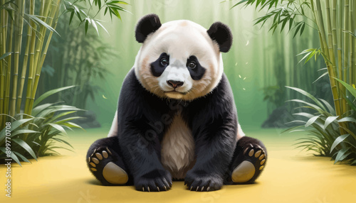 Panda Bear Sitting in Bamboo Forest
