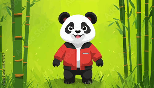 Panda in a red jacket standing in a bamboo forest photo