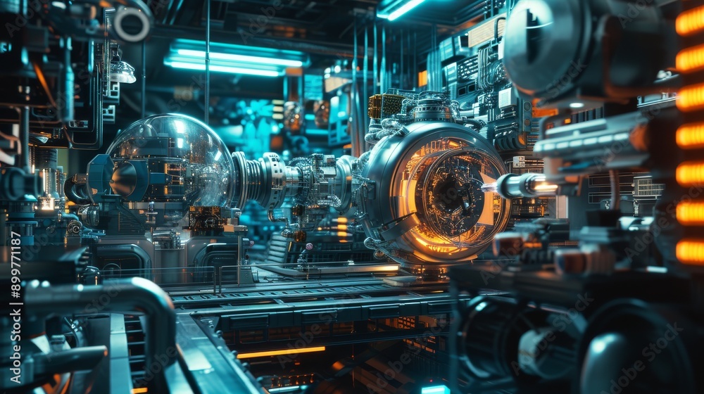A high-tech industrial environment featuring intricate machinery and glowing lights. The scene showcases advanced technology with a sci-fi aesthetic, highlighting the complexity and futuristic design A high-tech industrial environment featuring intricate machinery and glowing lights. The scene showcases advanced technology with a sci-fi aesthetic, highlighting the complexity and futuristic design