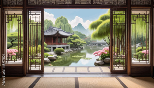 Peaceful Garden View from Traditional Chinese Pavilion