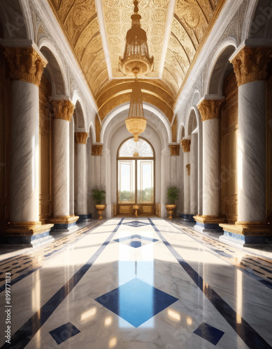 Opulent Hallway with Ornate Chandelier and Marble Flooring