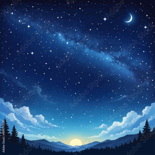 Night Sky with Moon and Stars, Silhouette of Trees and Mountains
