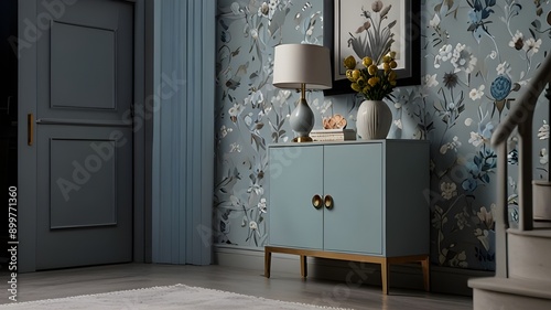 A light blue three door cabinet standing under gray staircase against a wall with flower wallpaper in a hall interior. Real photo.