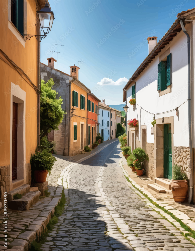 Narrow Cobblestone Street in a European Village Narrow Cobblestone Street in a European Village