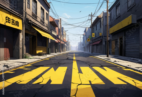 Narrow alleyway with yellow markings and power lines, possibly in an urban setting