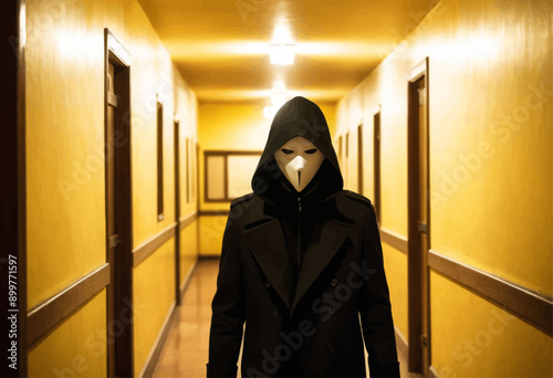Mysterious Figure in Black Coat and Mask Walking Down Hallway