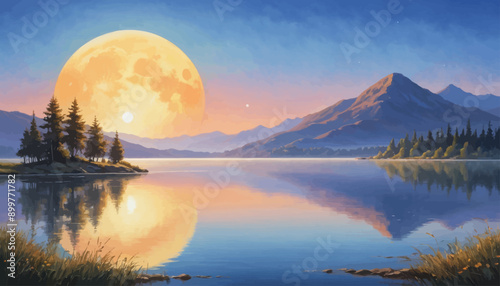 Moonlit Reflections: A Serene Lakeside Sunset
