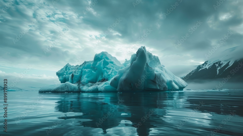 angle view of melting sea ice in calm waters of the Northern Arctic with iceberg angle view of melting sea ice in calm waters of the Northern Arctic with iceberg