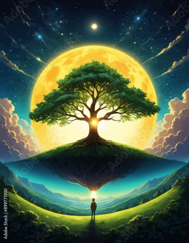 Moonlit Meditation: A Solitary Figure Under the Lunar Glow