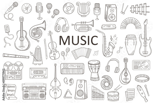 Set of different doodle musical instruments