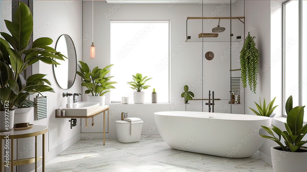 Fototapeta premium Modern minimalist bathroom interior, bathroom cabinet, white sink, vanity, indoor plants, bathroom accessories, bathtub and shower,