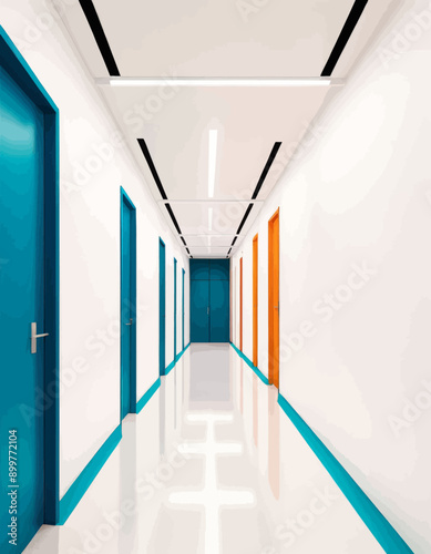 Modern, Minimalist Office Hallway with Colorful Doors and Lights