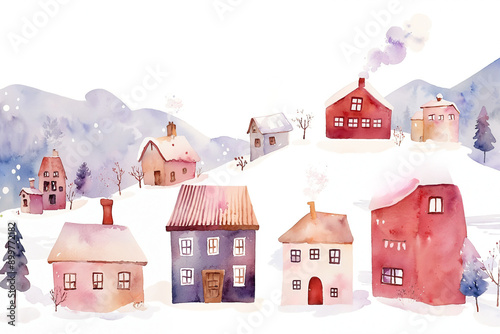 A charming winter village,  houses and trees in a snowy landscape, blue and red walls, white background, merry christmas and happy new year watercolor illustration, greeting postcard, poster photo