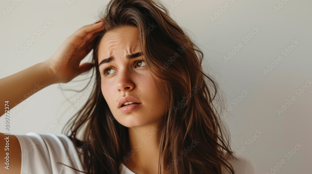 A young woman with long, tousled hair touches her head, her face expressing worry and contemplation. Set against a plain background, her casual white top and natural look enhance the candid mood of A young woman with long, tousled hair touches her head, her face expressing worry and contemplation. Set against a plain background, her casual white top and natural look enhance the candid mood of