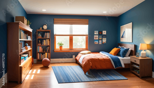 Modern Bedroom with Blue Walls and Wooden Floor