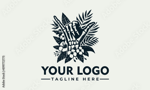 Skeleton hand making hang loose gesture vector logo, surrounded by tropical leaves and flower Skeleton hand with hang loose gesture among tropical leaves and flowers. Ideal for summer designs, beach